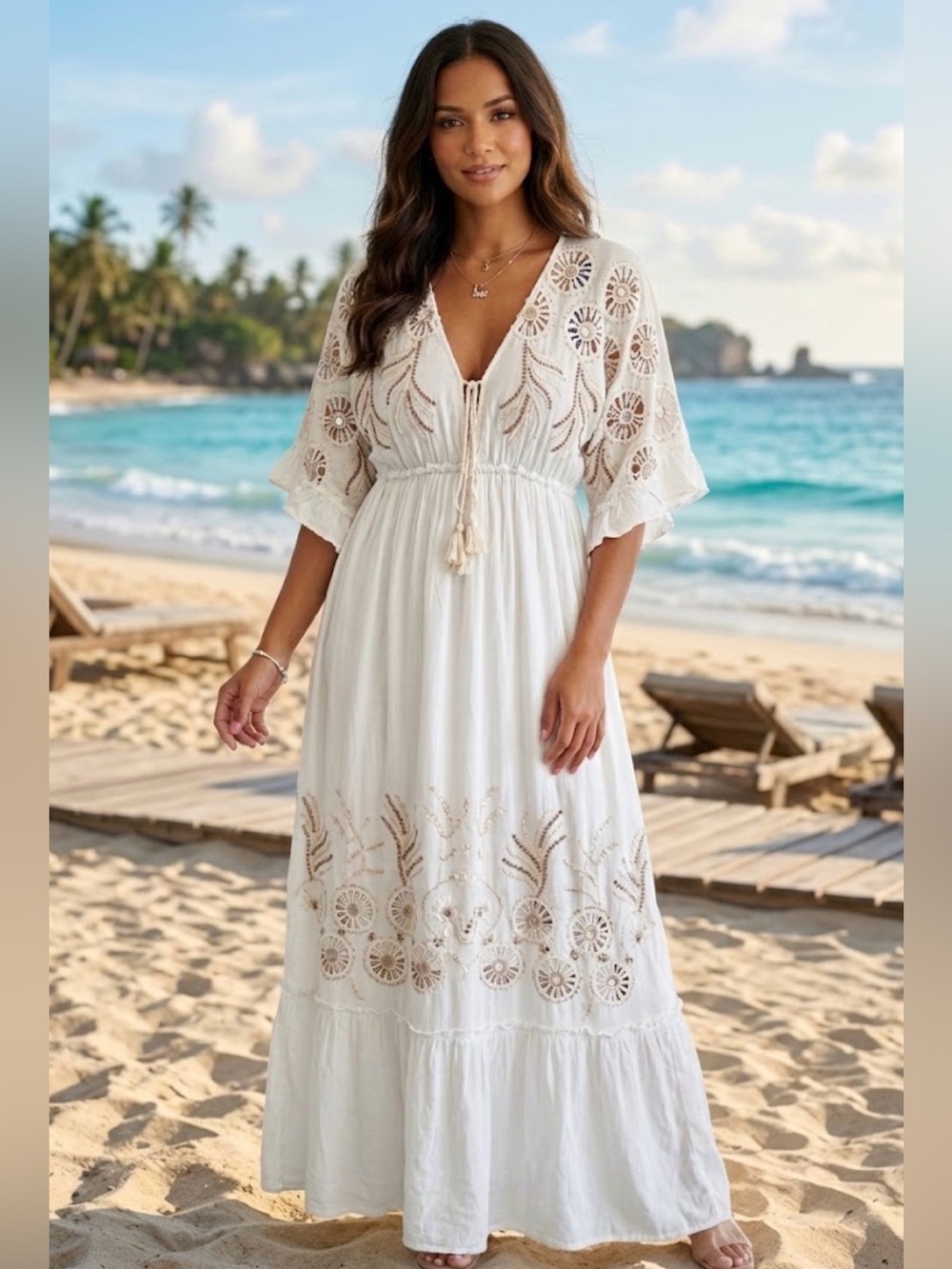 Italian White Crochet Maxi Dress with Tie Front